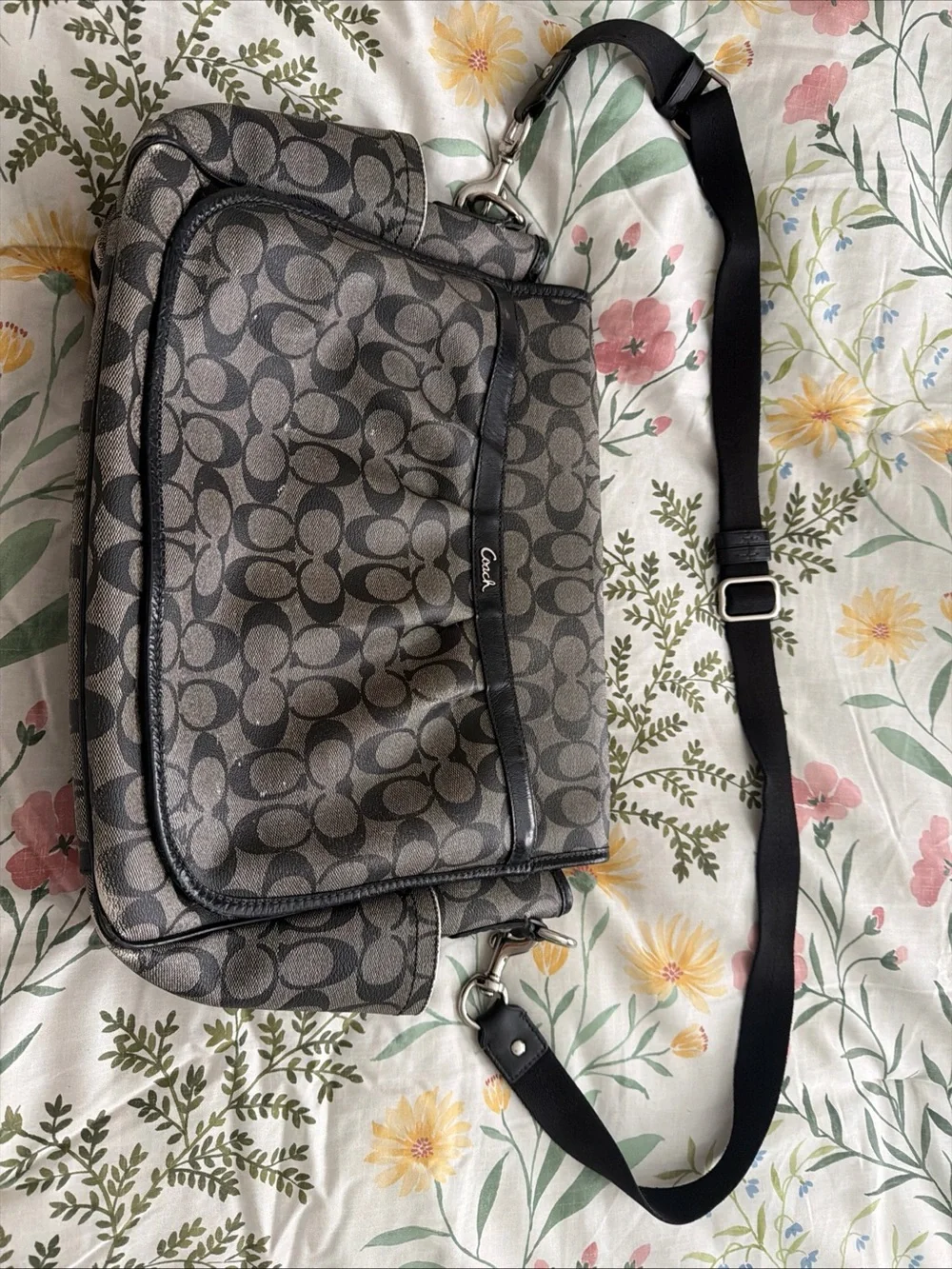 Coach Gray Signature Canvas Messenger Bag with Black Trim